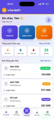 Trang chủ ứng dụng quản lý tiệm giặt ủi Uviwash trên điện thoại